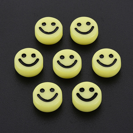 Honeyhandy Opaque Acrylic Beads, with Enamel, Flat Round with Smile Face, Yellow, 10x5mm, Hole: 2mm