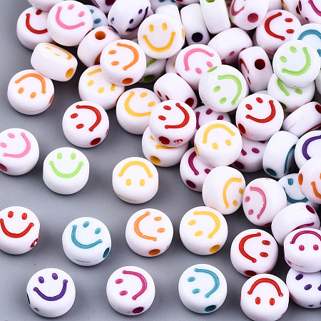 ARRICRAFT Opaque Craft Acrylic Beads, Flat Round with Smiling Face, Mixed Color, 7x3.5mm, Hole: 1.5mm