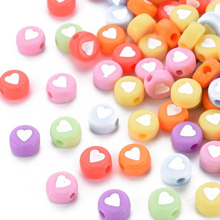 Honeyhandy Opaque Acrylic Beads, Flat Round with Heart, Mixed Color, 7x4mm, Hole: 1.5mm