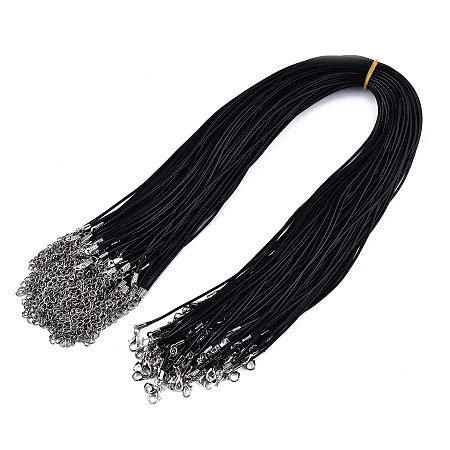 Honeyhandy Waxed Cotton Cord Necklace Making, with Alloy Lobster Claw Clasps and Iron End Chains, Platinum, Black, 17.91 inch(45.5cm), 0.15cm, End Chains: 5.5~6cm long
