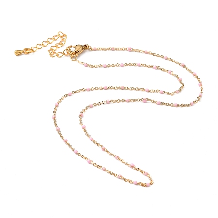 Honeyhandy Brass Enamel Cable Chain Necklaces, with 304 Stainless Steel Lobster Claw Clasps, Real 18K Gold Plated, Pink, 15.74 inch(40cm)