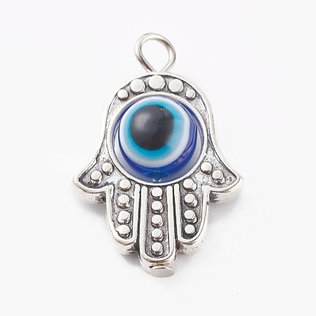 Honeyhandy Alloy Pendants, with Resin Beads, Hamsa Hand with Evil Eye, Antique Silver, Royal Blue, 25x17x7.5mm, Hole: 2.5mm