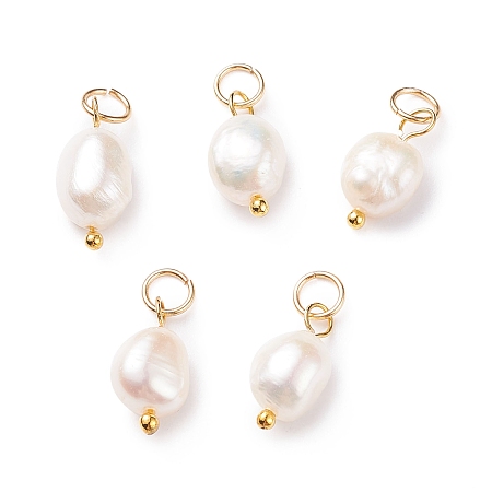 Honeyhandy Grade B Natural Cultured Freshwater Pearl Charms, with 304 Stainless Steel Jump Rings, Polished Rice, Golden, 13.5~15x7~7.5x5~6mm, Hole: 3.6mm