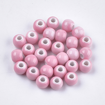 Honeyhandy Handmade Porcelain Beads, Bright Glazed Porcelain Style, Round, Pink, 6~7x5.5~6mm, Hole: 2~2.5mm