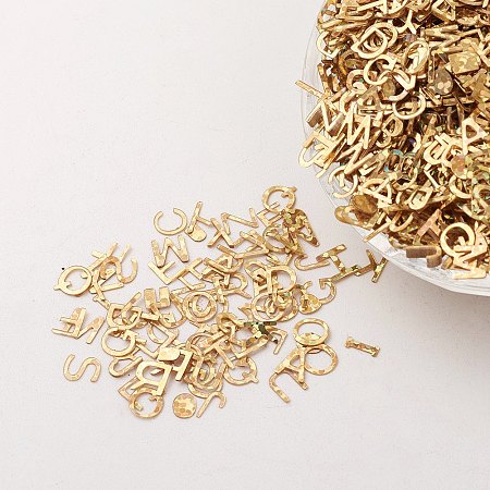 Honeyhandy Ornament Accessories Plastic Paillette/Sequins Beads, Random Mixed Letters, Gold, 5.5x5.5~6x0.1mm