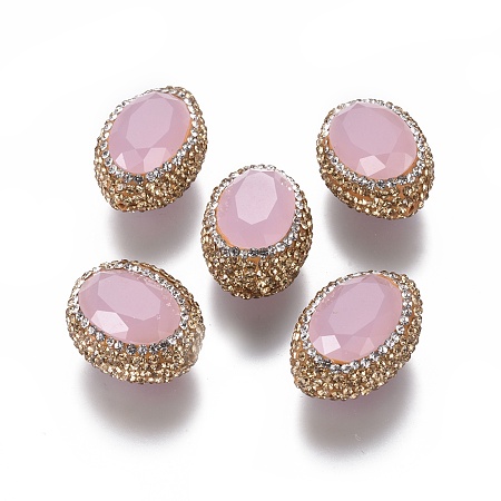 NBEADS Polymer Clay Rhinestone Beads, with Glass, Oval, Pink, 25~27x18.5~20x15~17mm, Hole: 1.4mm