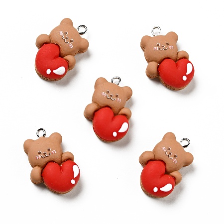 Honeyhandy Opaque Resin Pendants, Bear with Heart Charm, with Platinum Tone Iron Loops, Red, 27x18.5x9mm, Hole: 2x2.5mm
