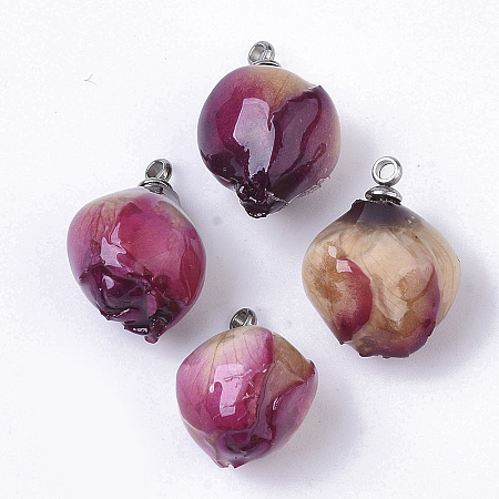 Honeyhandy Handmade Natural Real Rose Dried Flower Pendants, Covered with Clear Epoxy Resin, with 304 Stainless Steel Peg Bails Pendants, Stainless Steel Color, Purple, Stainless Steel Color, 15.5~18x8~12.5x8~11.5mm, Hole: 1.4mm