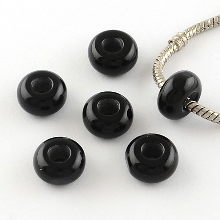 Honeyhandy Imitation Cat Eye Resin European Beads, Large Hole Rondelle Beads, Black, 13~14x7~7.5mm, Hole: 5mm