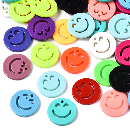 Honeyhandy Opaque Acrylic Pendants, Flat Round with Smile, Mixed Color, 20x3mm, Hole: 1.8mm