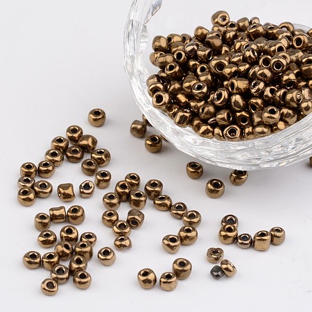 Honeyhandy 6/0 Electroplated Metallic Colours Round Glass Seed Beads, Coconut Brown, 4mm, Hole: 1mm, about 495pcs/50g