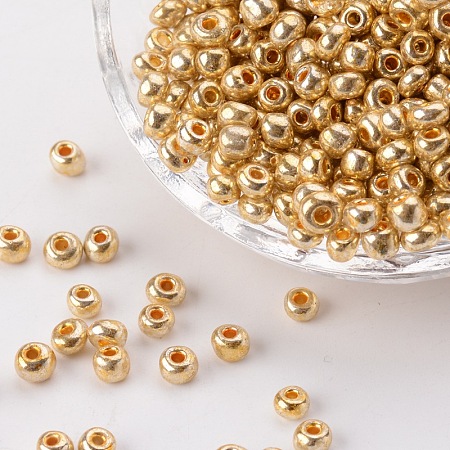 Honeyhandy Electroplate Glass Seed Beads, Round Hole Rocailles, Gold Color, Size: about 3.5~5.5mm in diameter, 2.5~6.8mm thick, hole: 1mm