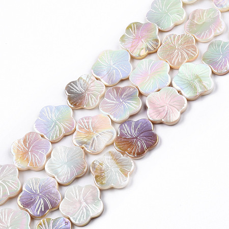 Electroplated Natural Freshwater Shell Beads Strands, AB Color Plated, Flower, Colorful, 18.5~20x19~20x2~3.5mm, Hole: 0.9mm, about 20pcs/strand, 14.96 inch(38cm)