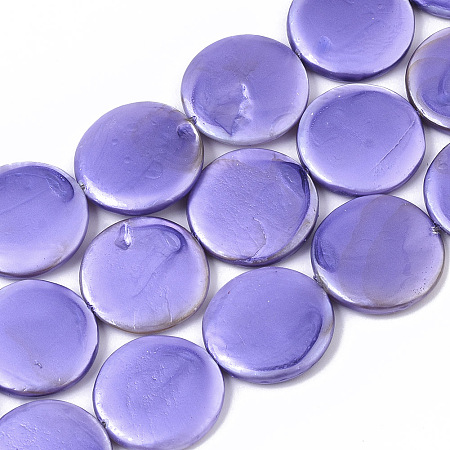 Spray Painted Natural Freshwater Shell Beads Strands, Flat Round, Medium Slate Blue, 20x4mm, Hole: 0.8mm; about 20pcs/Strand, 15.75 inches(40cm)