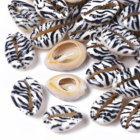 ARRICRAFT Printed Natural Cowrie Shell Beads, No Hole/Undrilled, with Zebra-stripe Pattern, Black, 18~21x12~15x7mm