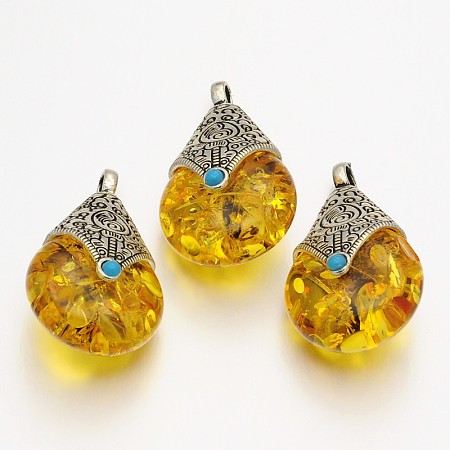 Honeyhandy Teardrop Tibetan Style Pendants, Alloy Findings with Beeswax, Antique Silver, Goldenrod, 38x22.5x17.5mm, Hole: 4mm