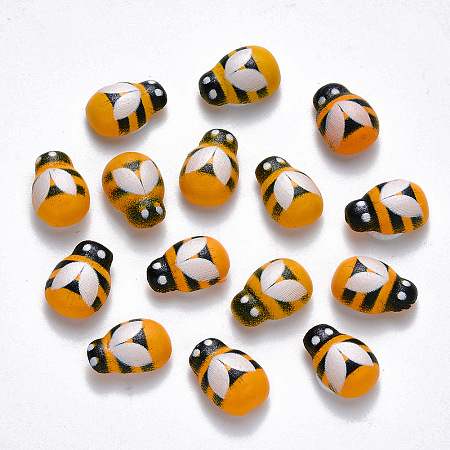 Honeyhandy Spray Painted Maple Wood Cabochons, Single-Sided Printed, with Double-sided Adhesive, Bees, Orange, 13x9x5~6mm, Adhesive: 6mm in diameter