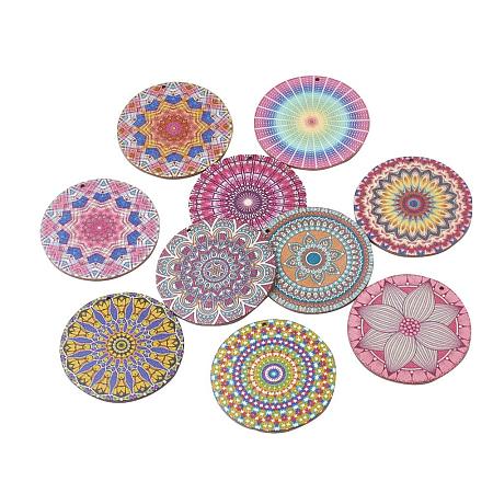 ArriCraft 10pcs Wood Printed Big Pendants for Jewelry and Craft Making, Flat Round with Flower, Mixed Color, 60x2.5mm, Hole: 2mm