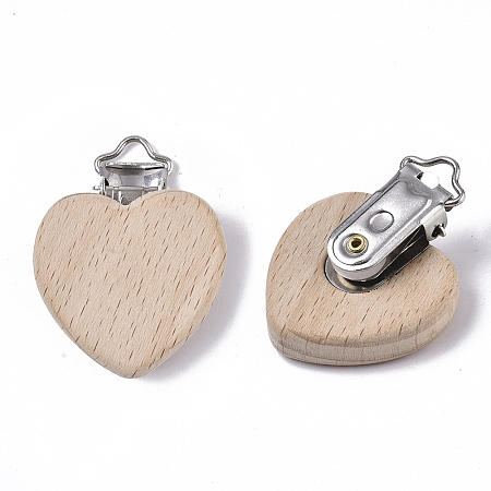Honeyhandy Beech Wood Baby Pacifier Holder Clips, with Iron Clips, Heart, Platinum, BurlyWood, 48x38x18.5mm, Hole: 3.5x6mm