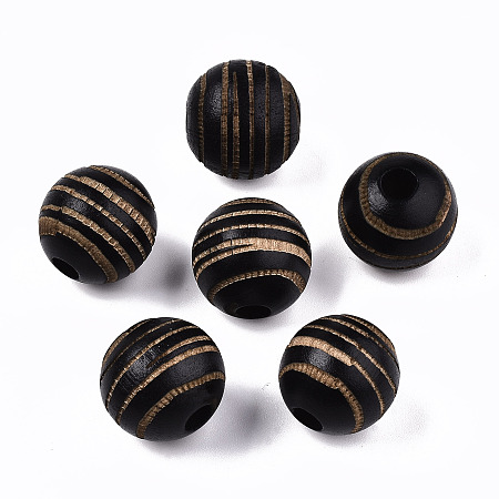 Honeyhandy Painted Natural Wood Beads, Laser Engraved Pattern, Round with Zebra-Stripe, Black, 15.5~16.5x15mm, Hole: 4mm