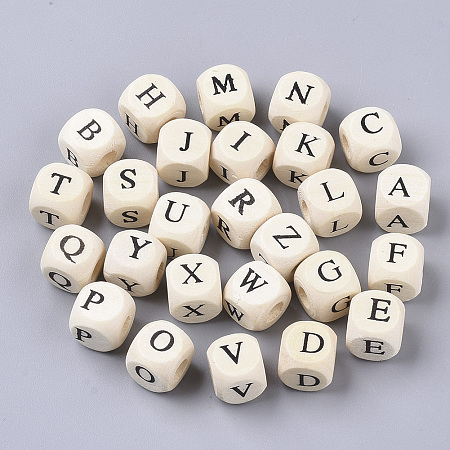 Honeyhandy Printed Natural Wood Beads, Horizontal Hole, Cube with Initial Letter, PapayaWhip, Random Mixed Letters, 10x10x10mm, Hole: 3.5mm