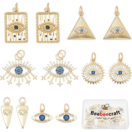 Beebeecraft 12Pcs 6 Style Real 18K Gold Plated Evil Eye Charms Bulk Cubic Zirconia Turkish Evil Eye Crystal Beads with Jump Ring for DIY Jewelry Making