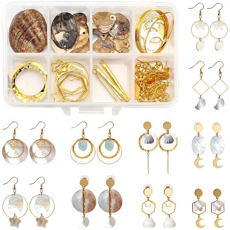 SUNNYCLUE DIY Geometry Style Earring Making Kits, include Natural Akoya Shell Charms, 304 Stainless Steel Pendants & Links, Brass & Alloy Links, Brass Earring Earring Findings, Golden, 156pcs/box
