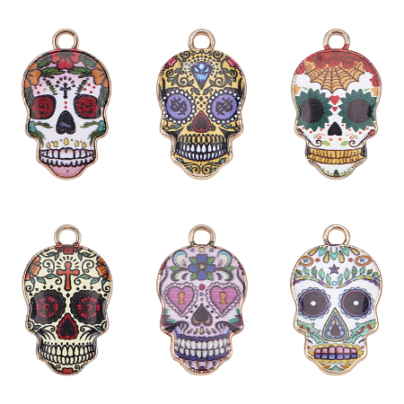 Alloy Enamel Charms, Cadmium Free & Lead Free, Suger Skull, Mixed Color, Light Gold, 22x13x2mm, Hole: 2mm, 36pcs/box