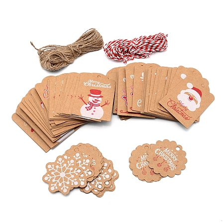 Honeyhandy Christmas Themed Pattern Kraft Gift Tags, Display Cards with Rope, Rectangle & Flower & Snowflake, Peru, Card: 120pcs/bag, Rope: 20m/bag