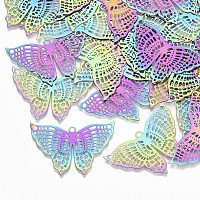 Nbeads  201 Stainless Steel Filigree Pendants, Etched Metal Embellishments, Butterfly, Multi-color, 26x38x0.3mm, Hole: 2mm
