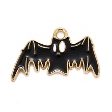 Honeyhandy Halloween Alloy Enamel Pandants, Light Gold, Bat, Black, 14.5x24x1.5mm, Hole: 1.8mm