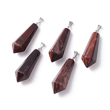 Honeyhandy Natural Red Tiger Eye Pointed Pendants, with Platinum Plated Brass Loops, Bullet, 35.3~38x13~14mm, Hole: 6.5x2.8mm