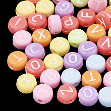 Honeyhandy Opaque Acrylic Beads, Horizontal Hole, Mixed Letters, Flat Round with Letter, Random Letters, Mixed Color, 7x4mm, Hole: 1.5mm, about 3700pcs/500g