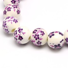 Honeyhandy Handmade Flower Printed Porcelain Ceramic Beads Strands, Round, Indigo, 10mm, Hole: 2mm, about 35pcs/strand, 13.5 inch