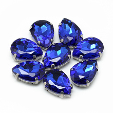 Honeyhandy Sew on Rhinestone, Multi-strand Links, Glass Rhinestone, with 201 Stainless Steel Prong Settings, Garments Accessories, Faceted, teardrop, Royal Blue, 14x10x6mm, Hole: 0.8~1mm