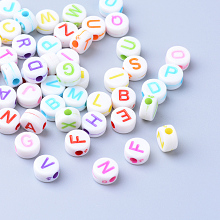 Arricraft Craft Acrylic Letter Beads, Flat Round, Mixed Color, Mixed, 6~7x3.5~4mm, Hole: 2mm, about 3600pcs/500g