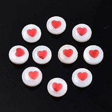 Honeyhandy Natural Freshwater Shell Beads, with Enamel, Flat Round with Heart, Red, 8x4.5mm, Hole: 0.6mm