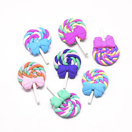 Honeyhandy Handmade Polymer Clay Beads, No Hole, Lollipop with Bowknot, Mixed Color, 39~48x27~30x7~9mm