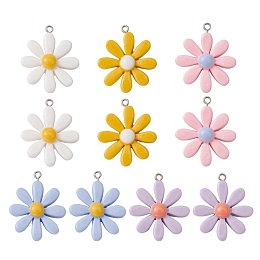 Honeyhandy 10Pcs 5 Colors Resin Pendants, with Platinum Tone Iron Findings, Flower Charms, Mixed Color, 33~34x28~30x8~9mm, Hole: 2mm, 2pcs/color