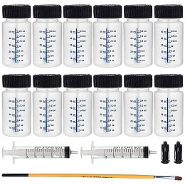 BENECREAT 12 Packs 50ml Touch Up Paint Bottles with Child Resistant Brush Caps and Mixing Balls, 1 Brush, 2 Plastic Syringes and 2 Tip Needles for Glue Leftover Paints Storage