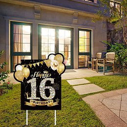 FINGERINSPIRE Happy 16th Birthday Party Yard Signs Black Gold 16 Birthday Yard Signs with Stakes for Outdoor Garden Lawn Yard Decorations (12.9x14.1inch)