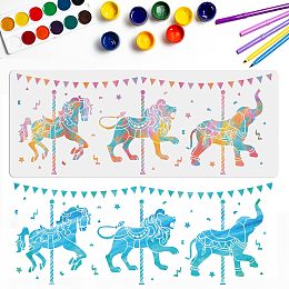 Large Carousel Stencils Circus Carousel Horse Template 39.4×15.7inch Lion Horse Elephant Flags Amusement Park Project Stencil Reusable Flexible DIY Craft Painting on Wood Canvas Paper Wall