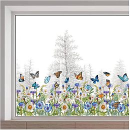 GORGECRAFT 118x39cm Floral Window Decals Green Grass Daisy Flowers Butterfly Window Clings Transparent Stained Window Sticker Non Adhesive Double-Sided Static Film for Summer Autumn Glass Sliding Door