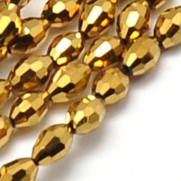 Honeyhandy Electroplate Glass Beads Strands, Full Golden Plated, Faceted, Oval, Gold, 6x4mm, Hole: 1mm, about 65pcs/strand, 16 inch