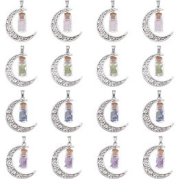 SUPERFINDINGS 16Pcs 4 Styles Column Glass Wishing Bottle Charms Tibetan Style Moon Pendants with Mini Glass Bottle Charms Gemstone Glass Bottle Charms for DIY Crafts