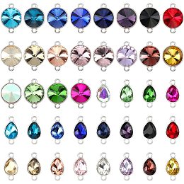 AHANDMAKER 40 Pcs Mixed Color Glass Gemstone Pendants Double Hole Glass Links Charms, Flat Round & Teardrop Glass Charm Connectors, for DIY Bracelet Jewelry Making