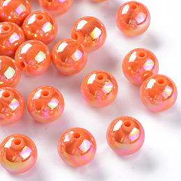 Honeyhandy Opaque Acrylic Beads, AB Color Plated, Round, Coral, 16x15mm, Hole: 2.8mm, about 220pcs/500g