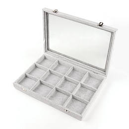 Honeyhandy Velvet and Wood Display Boxes, with Glass, 12 Grids with Lid Jewelry Display Boxes, Rectangle, Gray, 24x35x4.5cm