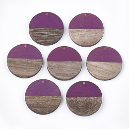 Honeyhandy Resin & Wood Pendants, Flat Round, Medium Violet Red, 28.5x3.5~4mm, Hole: 1.5mm