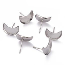 Honeyhandy 304 Stainless Steel Stud Earring Settings, Moon, Stainless Steel Color, 7x5x1mm, Tray: 5x3mm, Pin: 0.8mm